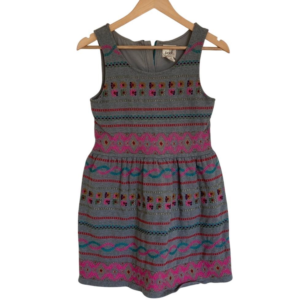 Peek Girl's Sleeveless Zipper Back Fit and Flare Dress in Grey W Embroidery S 14